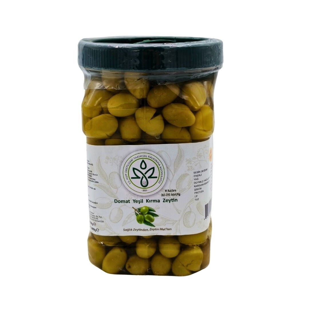 MUT KOOP. DOMATESLİ YEŞİL KIRMA ZEYTİN (261-290) 900 GR